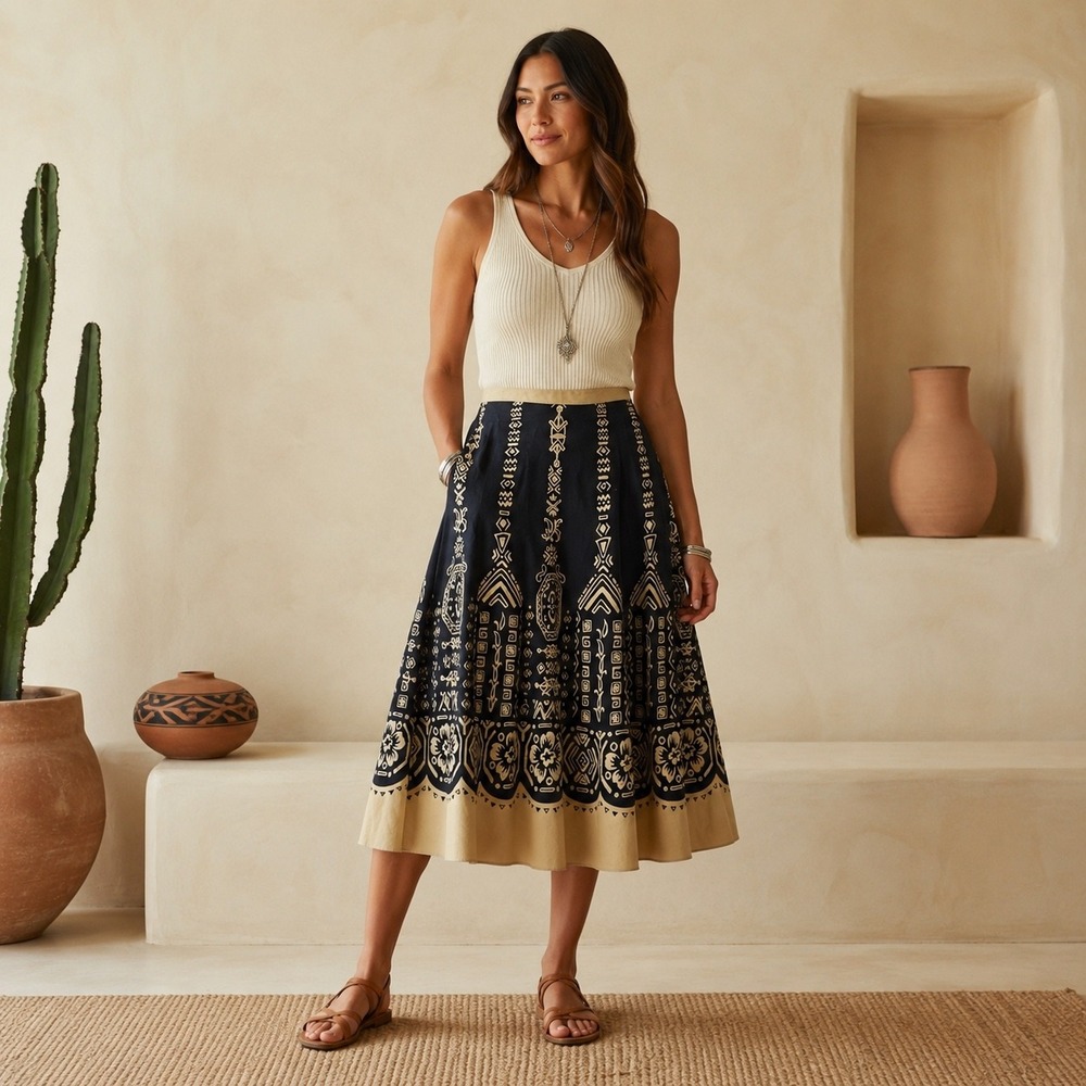 Boho Tribal Midi Skirt Womens Size 12 Black Beige Floral Southwestern Casual